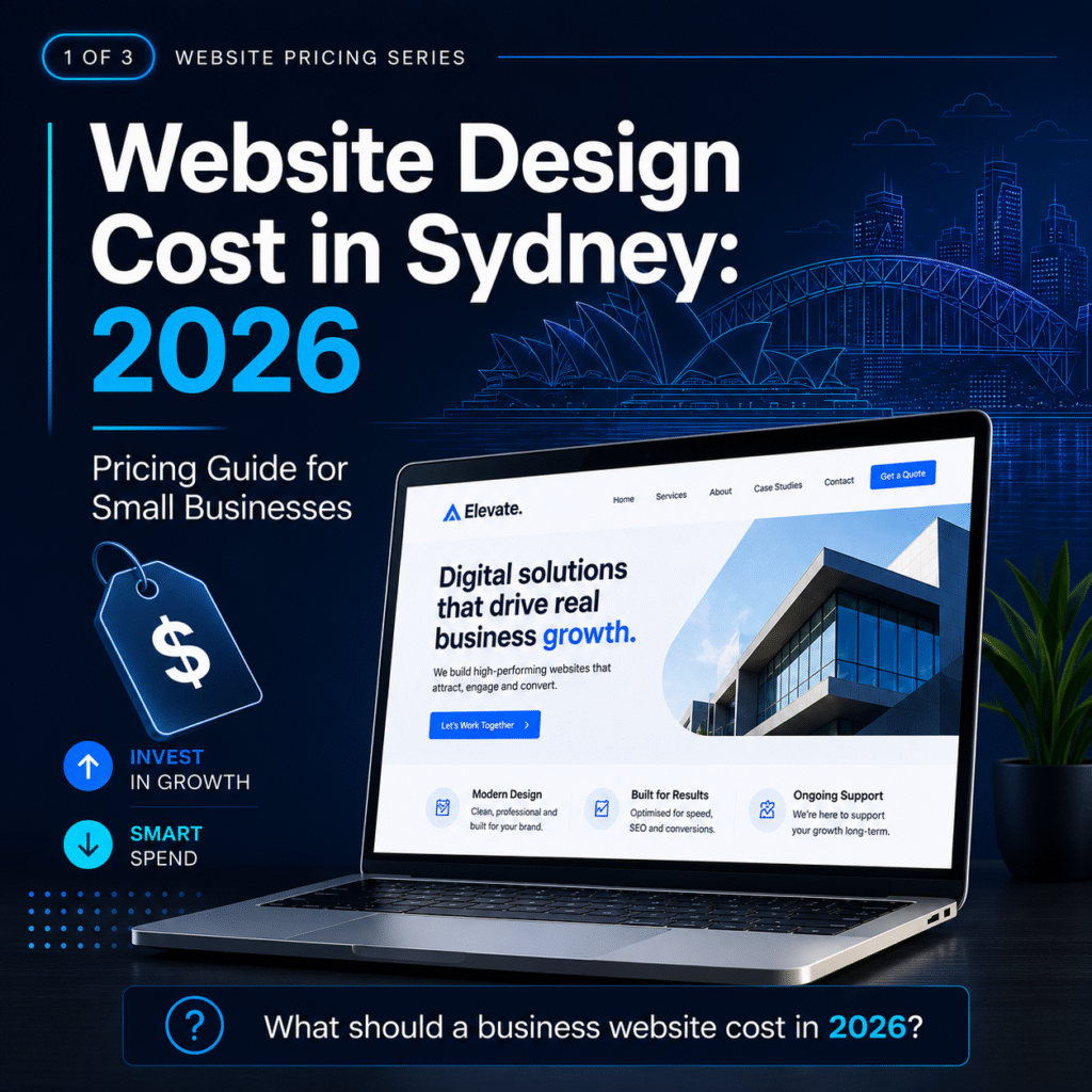 infographic showing factors that affect website design costs in Sydney, including custom design, SEO, copywriting, CRM integrations and e-commerce.